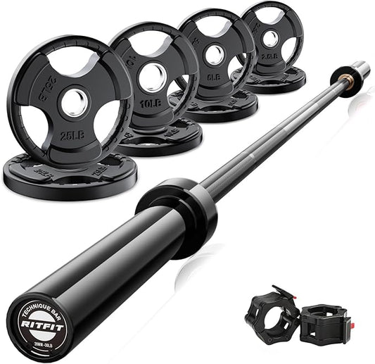 RitFit Barbell Weight Set - 4/6FT Olympic Barbell with Weight Plates (55-115LB Total) - Weightlifting Equipment for Squats, Curls, Deadlifts, Presses, Hip Thrusts
