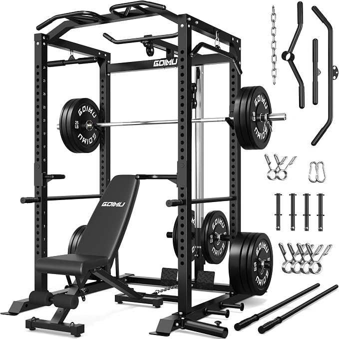 C1-V4 Power Cage, 2000LBS Squat Rack with LAT Pulldown, Multi-Function Weight Cage Strength Training Machine, Workout Cage with More Attachments for Home Gym Garage