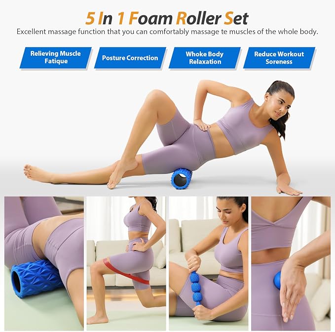 SUBCULTUREPICK 5 in 1 Foam Roller Set High Density Deep Tissue Massager | Trigger Point Massage Roller for Muscle Massage, Massage Ball, Resistance Band for Whole Body Physical Therapy Pure Blue