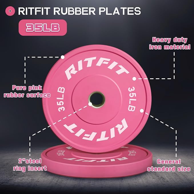RITFIT Pink Olympic Bumper Plates with Steel Insert for Home Gym | High-Density Rubber with Low Bounce, 2-Inch Olympic Bore with Steel Insert, Pink Color for Strength Training
