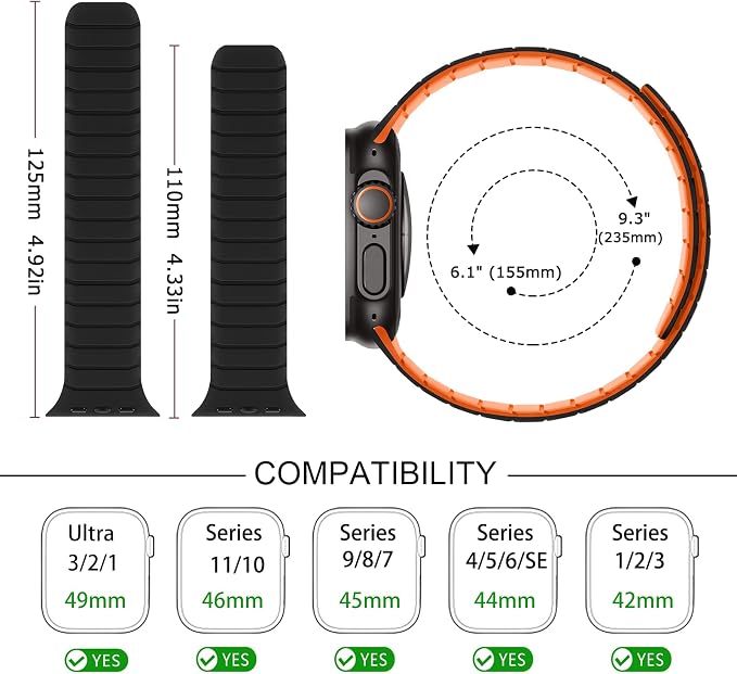 Tasikar Magnetic Bands Compatible with Apple Watch 49mm 46mm 45mm 44mm 42mm Soft Silicone Replacement Loop Wristband for iWatch Ultra 3 2 1 SE Series 11 10 9 8 7 6 5 4 3, Black-Orange