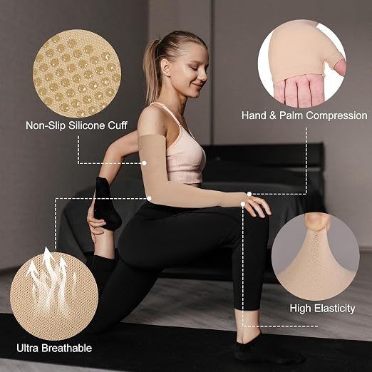 Hiball Lymphedema Medical Compression Arm Sleeve with Gauntlet, 20-30 mmHg Graduated Compression Full Arm Support for Women Men, Long Pressure Arm Hand Brace for Arthritis, Bursitis, Edema, Nerve Pain