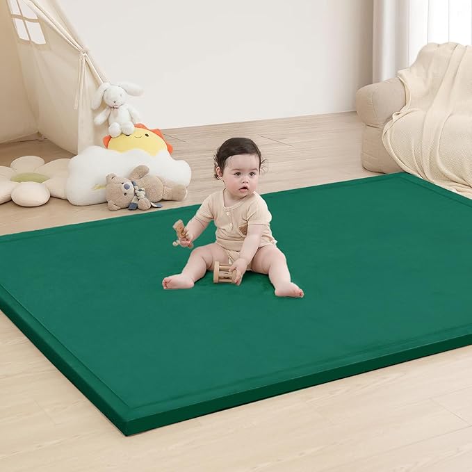 Baby Play Mat for Floor,1.3" Thick Memory Foam Tummy Time Mat,Water Repellent Soft Velvet Nursery Rug,Extra Large Non Slip for Crawling,Toddlers,Infants,Kids,Tatami Style for Living Room(Dark Green)