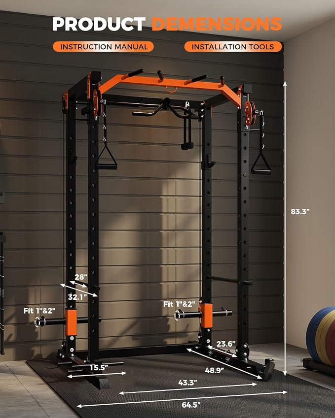 Power Cage, Power Rack with Cable Crossover System, 2000LBS Squat Rack with LAT Pull Down System, Workout Cage with Pulley System for Fitness Home Gym Strength Training (Red&Black)