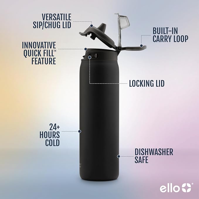 Ello Pop & Fill Insulated Stainless Steel Water Bottle with Quick Fill Lid, Leakproof Locking, Sip or Chug Spout, BPA-Free, Double Wall Vacuum Insulated for Sports, Travel & School- 22oz / 32oz / 40oz