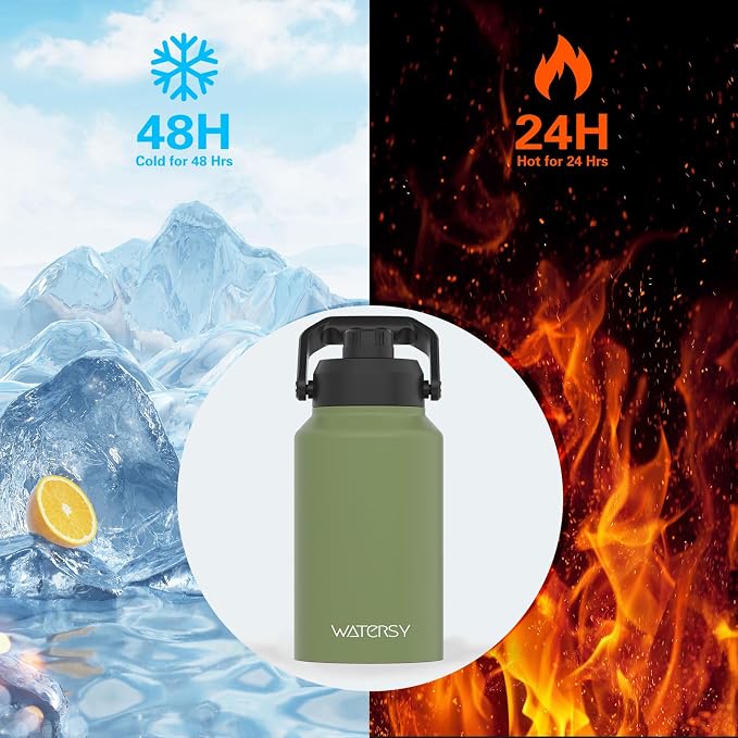 WATERSY 2/3 Gallon Water Bottle Insulated(Cold for 48 Hrs),BPA Free&Leak Proof,87oz Stainless Steel Water Jug/Flask,Big thermo,Large Water Bottle with Handle for Gym,Hiking,Camping,Olive Green