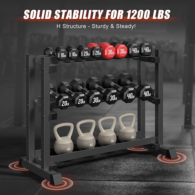 Jusgym Dumbbell Rack Stand Only, 3 Tier Adjustable Height & Angle 1200LBS | 48" Wide H-Shaped Stable Frame & Space-Saving Design, Heavy Duty Weight Rack for Home Gym, Fits Dumbbells Kettlebells, Plates