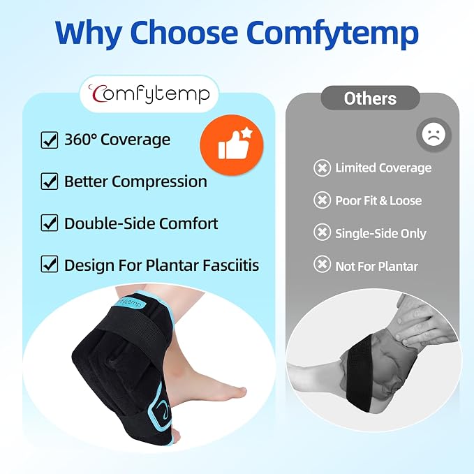 Comfytemp Ankle Foot Ice Pack Wrap for Plantar Fasciitis Relief, Heel Pain, Swelling, Achilles Tendonitis, Heel Spur, Sprain, Hot Cold Compress, Women Men Gift for Mom Dad, FSA Eligible HSA, 1 Pack
