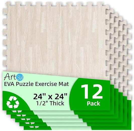Art3d 12 Pack 24" x 24" EVA Interlocking Exercise Mats, 1/2" Thick Foam Puzzle Flooring for Workout, Gym Equipments, Training Areas, 48 Sq.FT, White Oak