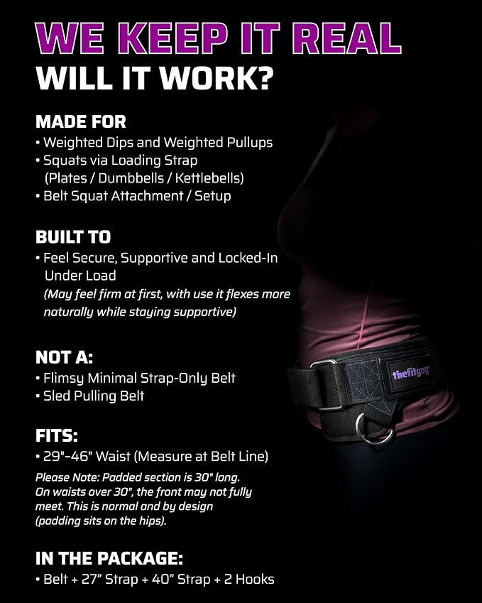 THEFITGUY Women’s Dip Belt for Weighted Dips, Pull-Ups & Belt Squats | Contoured no-pinch dip belt for women’s hips and smaller waists, with buckle closure, 2 straps, and metal hooks