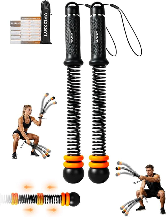 Cordless Battle Ropes 2 Pack Adjustable Weight Portable Ropeless Battle Ropes for Home Gym Full Body Workout with Non Slip Handle and Training Poster for HIIT Cardio Strength Training Men Women,Black