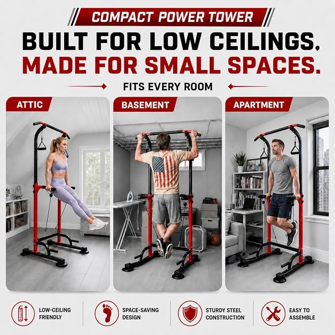 Power Tower Pull Up Dip Station Adjustable Height 330lbs Home | Space-Saving Design,Easy to Assemble,Pull-Ups,Dips,Push-Ups,Strength Training,Improving Posture,Fits Users Under 6 FT