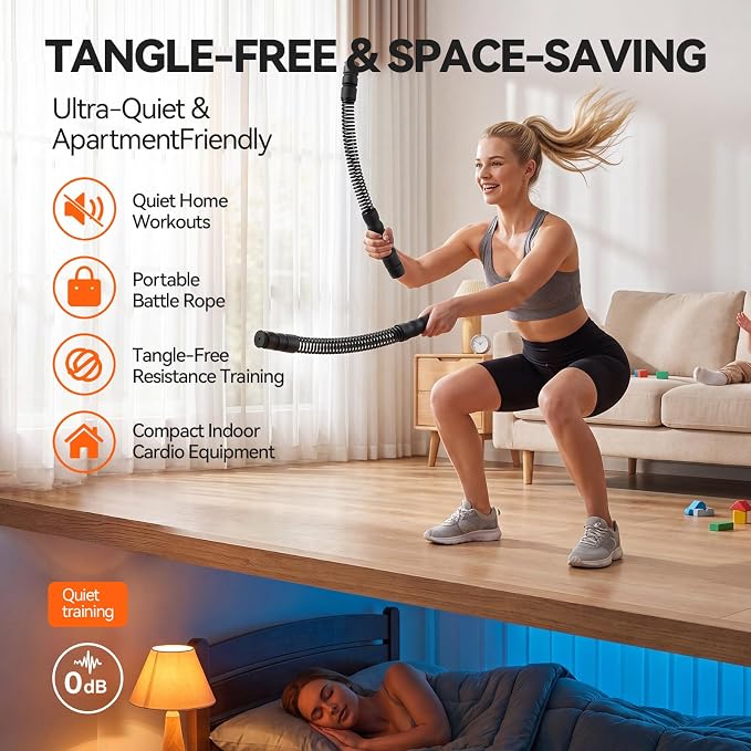 Ropeless Battle Ropes for Home Gym, 3 Adjustable Resistance, Heavy Duty Cordless Battle Ropes for HIIT, Full Body Workout, Men & Women, Black