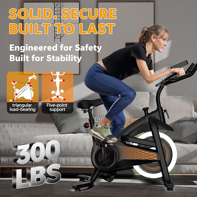 Exercise Bike with Bluetooth, Wool Felt Brake Pad Stationary Bike - 300lb Weight Capacity Quiet Belt Drive Indoor Cycling Bike for Home Cardio, Adjustable Handlebar & Extra Soft Seat, Digital LED Monitor