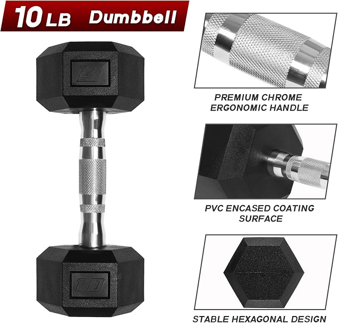 RitFit 5-650 LBS PVC Hex Dumbbell Sets with Optional Rack for Home Gym | PVC Coated Anti-Roll Hex Design, Chrome Handle with Ergonomic Grip, Full Body Strength Training with Optional Rack