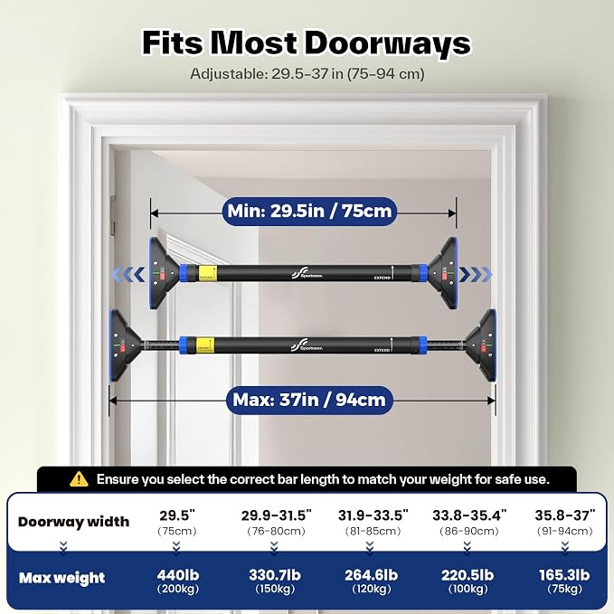 Sportneer Pull Up Bar for Doorway, No-Drill, 29.5-37 in, 440 lb | No-Drill, Adjustable 29.5-37 in, 440 lb, Doorway Fit, Secure Lock, Home Gym, Strength Training