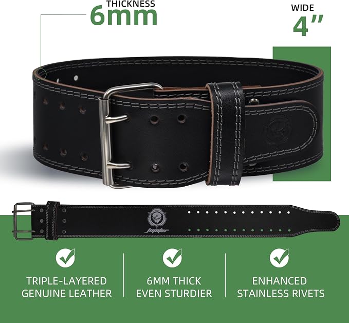 Weight lifting Belt (6mm Thick) - Genuine leather, offering back support. Double-pronged buckle, ideal for weightlifting, powerlifting, squats and deadlifts