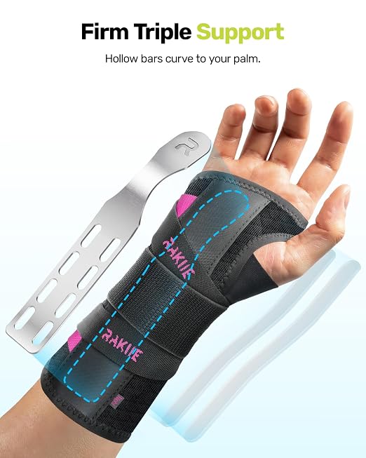 Rakiie Upgraded Carpal Tunnel Wrist Brace, Night Sleeping Support for Arthritis, Sprain & Tendonitis Pain Relief, Flexible 3-Bar Support, Breathable Hand Splint for Typing, Work & Housework, Fit for Men & Women (Pink, Medium, Right Hand)