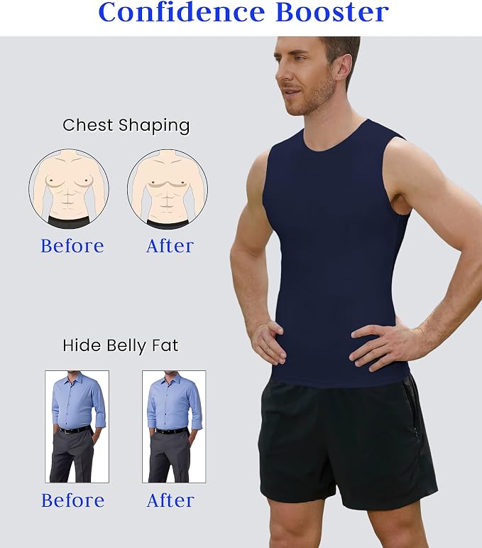 Compression Shirt Men Slimming Body Shaper Vest Crewneck Workout Tank Top | Tummy Control Undershirts, Gynecomastia Compression Shirts, Back Support, Sleeveless Muscle Shirts, Shaping Tank Top