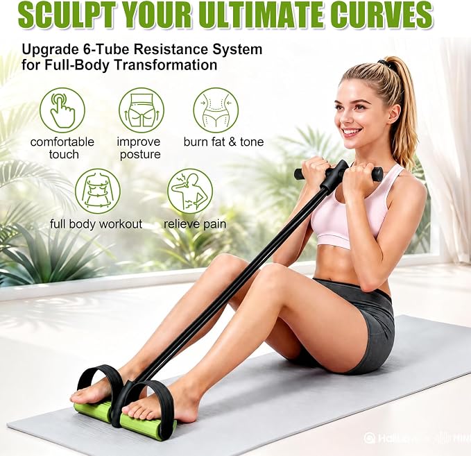 Multifunction Foot Pedal Resistance Bands with Handles, 6-Tube Elastic Yoga Exercise Bands, Home Gym Fitness Equipment for Women & Men to Tone Abs, Core, Legs, Arms, Waist