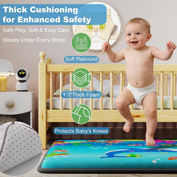 1.3" Thick Baby Play Mat for Floor, Elasti-Foam 50x50 Playpen Mat, Water Repellent Ultra Soft Coral Velvet Tummy Time Crawling Mats for Kid Toddlers Infants, Non-Slip Backing Safe for Crawling Ocean