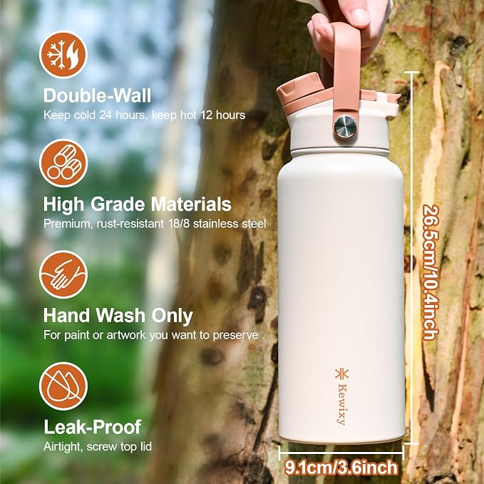 KEWIXY 32 oz Cowgirl Water Bottle, 2-in-1 Lid, Straw & Spout with Protected, Leak Proof, Keep Cold, Stainless Steel, Metal, Reusable, Handle, for Travel, Gym and School, Horseshoe