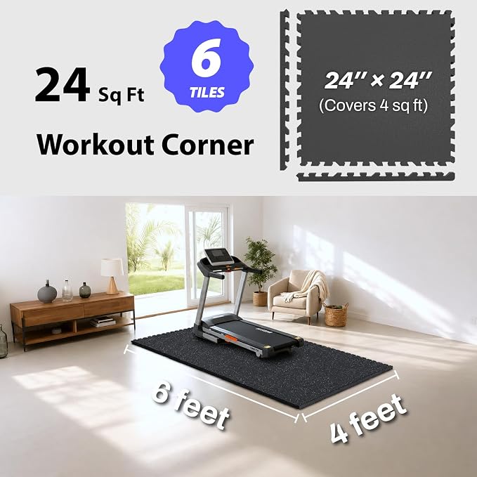 AIRHOP 1" Ultra-Thick 24 Sq Ft Rubber Top Gym Flooring for Home Gym | 6 Tiles, High Density EVA Foam, Waterproof & Non-Slip Rubber, Interlocking Puzzle Mats, Heavy Duty Floor Protection, 24"x24"