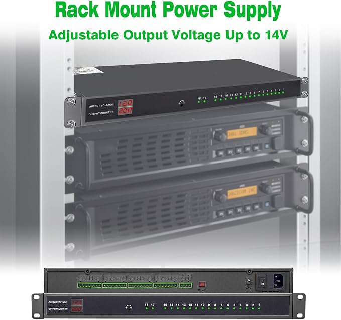 1U 12V 20A 18-Channel Rack Mount Power Supply | 12V 3-5A Distributed DC Output, Reset Fuse, 4 ft Replaceable AC Cord, For Security Cameras, DVRs, CCTV Systems