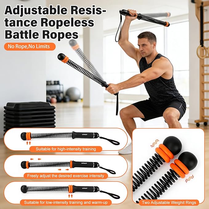 Weighted Ropeless Battle Ropes Adjustable Weight - Portable Cordless Battle Ropes for Home Gym with Workout Poster, Strength Building, HIIT & Low-Impact Cardio Training for Men & Women (Black)
