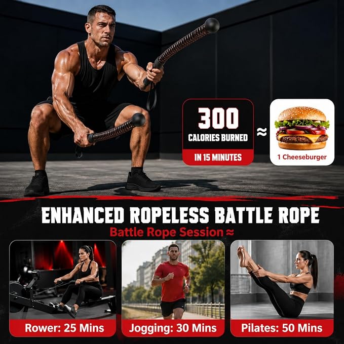 Weighted Ropeless Battle Ropes Home Gym Cordless Heavy Duty Exercise Equipment with Strap Portable Low Impact Cardio Workout Strength HIIT Training Fitness Tool for Arms Core Full Body Father's Day