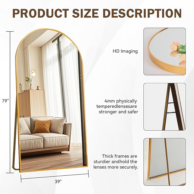 LFT HUIMEI2Y 79"x39" Arch Full Length Mirror, Gold Floor Mirror | Tempered Oversized Mirror Full Body with Aluminum Alloy Frame; Standing, Leaning, or Wall Mount for Bedroom, Living Room