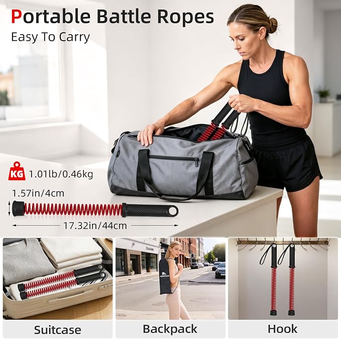 Abahub Weighted Ropeless Battle Rope, Portable Silent Cordless Battle Ropes, Space Saving Home Gym No Battle Ropes with Storage Bag, 2PCS Red - Set B