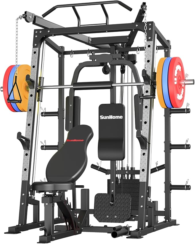 SunHome Smith Machine, 2000LBS Power Cage Squat Rack with Smith Bar, LAT Pull-Down Systems, Cable Crossover Machine for Home Gym