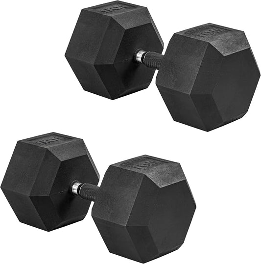 CAP Rubber Coated Dumbbell Weights, Free Weights for Home Gym Strength Training, Anti-Roll Hex Dumbbells with Black, Chrome & Comfort Grip Handles, Pairs & Sets
