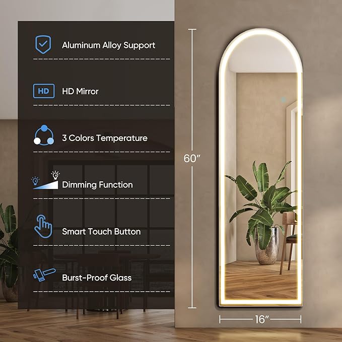 OLIXIS 16"x60" Arched Full Length Mirror with Lights, Body Mirror | Standing Floor, 3 Color Modes, Wall Mounted, Bedroom Bathroom Entryway, Tempered Glass