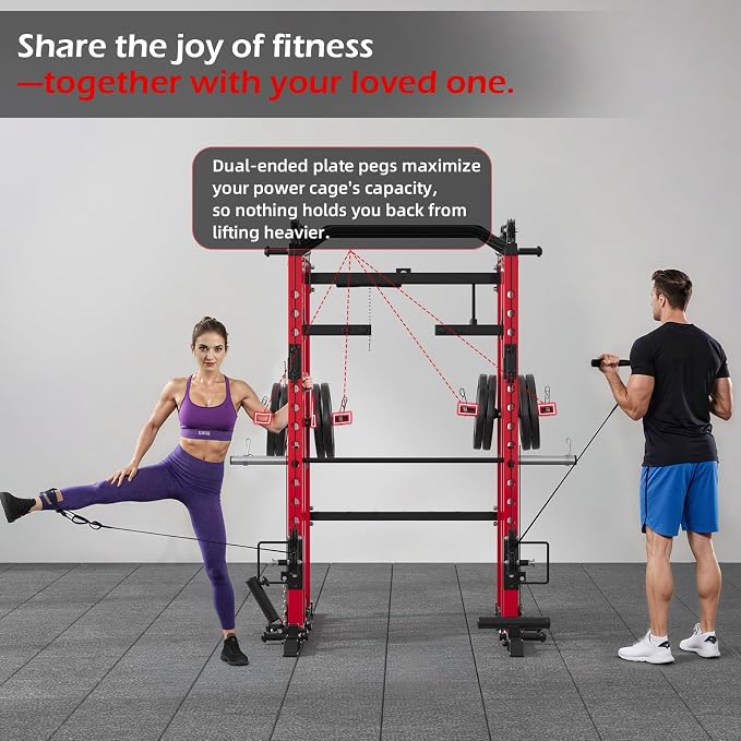 Power Rack and Smith Machine, Multi-Functional Power Cage with LAT Pulldown | All-in-One Squat Rack with Cable Pulley System, 2000LBS Weight Rack with Training Attachments for Home Gym