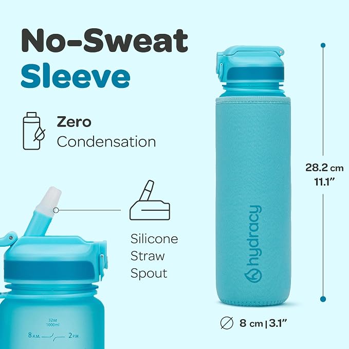 Hydracy Motivational Water Bottle with Time Marker and Straw Lid 32 oz | Leakproof,BPA Free,No Sweat Neoprene Sleeve,Carry Strap,Daily Intake Tracking for Fitness & Outdoors