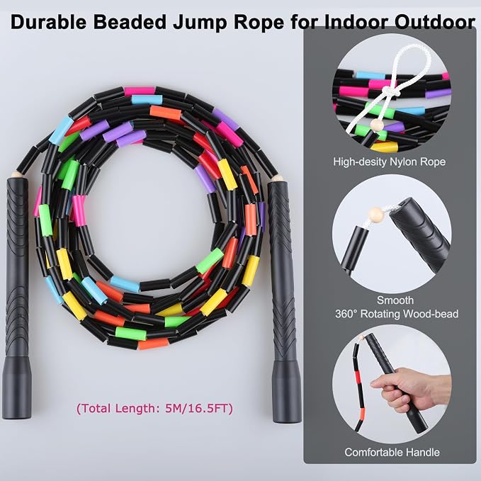 16.5FT Double Dutch Jump Ropes for Adults Kids 2-PACK | Rainbw Long Jump Rope, 1” Beaded Jump Rope for Fitness, Segmented Skipping Ropes for Exercise Training, Tangle-Free