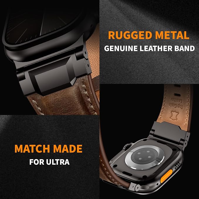 Bands Compatible with Apple Watch Ultra 3/2/1 Band 49/46/45/44mm | Genuine Leather Metal Connector Strap for iWatch Ultra Series 11/10/9/8/7/SE/6/5/4/3/2/1, Dark Brown/Black