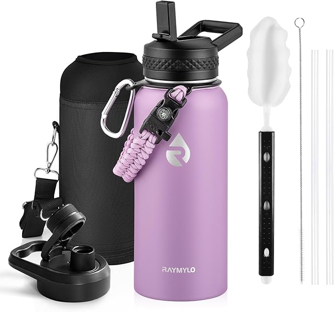 RAYMYLO Insulated Water Bottle 32 oz, Triple Wall Vacuum Stainless Steel | (Cold for 24Hrs, Hot for 12Hrs), Leak Proof & Non-BPA, Modern Water Flask Jug with Paracord Handle & Straw Spout Lids