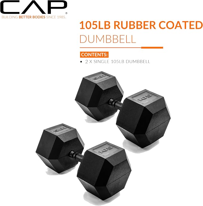 CAP Rubber Coated Dumbbell Weights, Free Weights for Home Gym Strength Training, Anti-Roll Hex Dumbbells with Black, Chrome & Comfort Grip Handles, Pairs & Sets