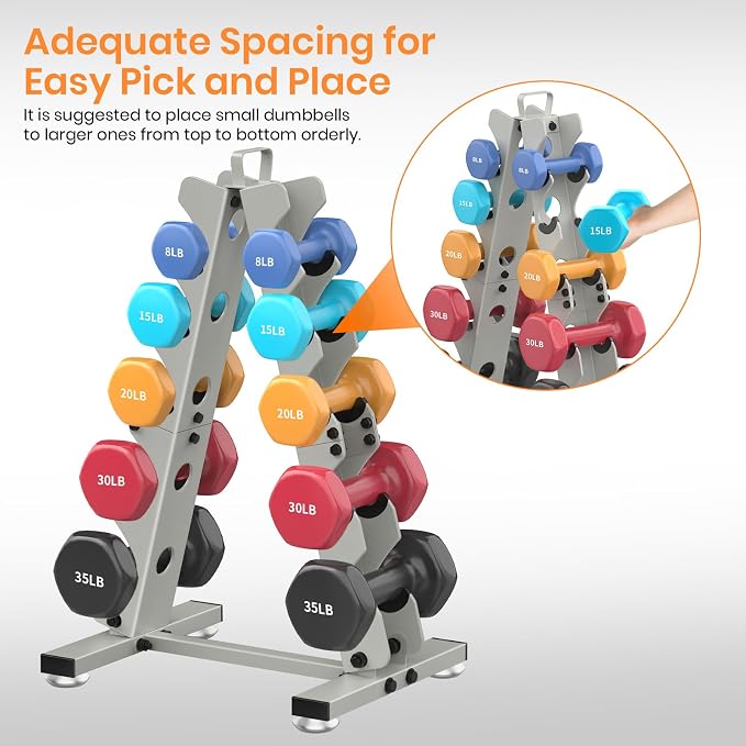 TomCare 6-Tier|5-Tier|4-Tier|2-Tier Dumbbell Rack Stand Only for Home Gym | Stable A-Frame, Fits 5–35 lb Dumbbells, Protective Padded Cradles, Adjustable Feet, Easy-Carry Handle (Stand Only)