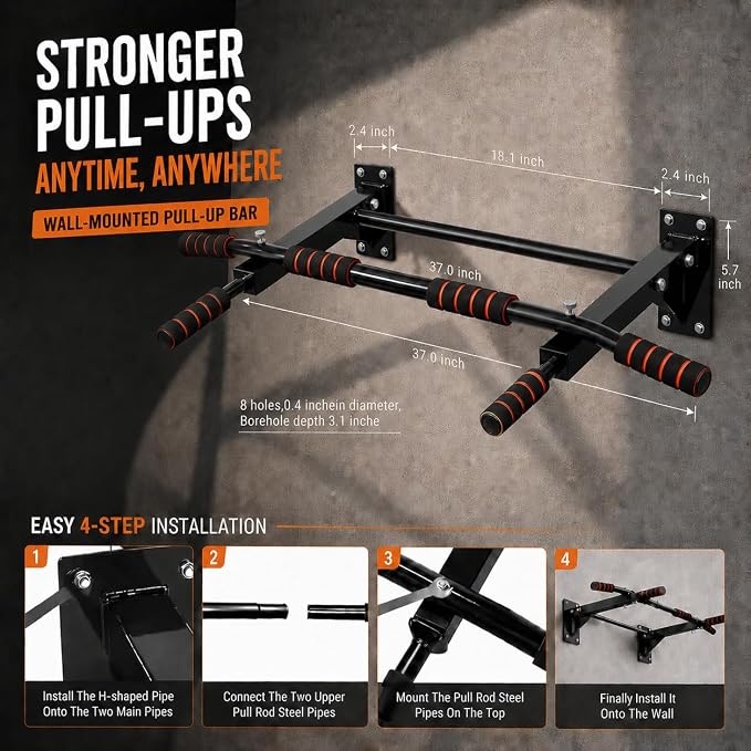 Wall Mounted Pull Up Bar, 500 LBS Heavy Duty Chin Up Bar for Home Gym | 500 LB Steel Frame Zero Wobble Triangle Multi-Grip Foam Handles Suspension Anchor Ready Garage Basement Install