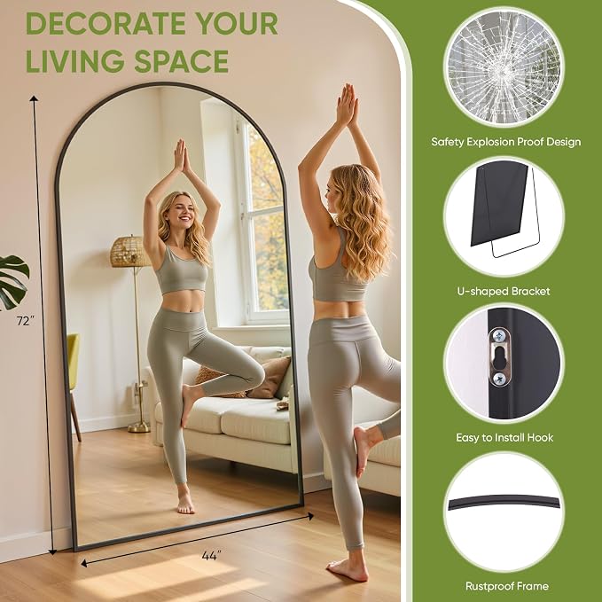 Full Length Mirror 72" L x 44" Full Body Standing Mirror for Bedroom, Living Room, Gym, Dorm - Shatter-Resistant & Easy Assembly, Arched Style Black