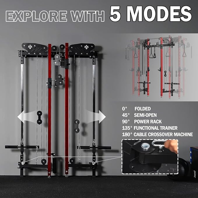 Mikolo Folding Squat Rack, Wall Mounted Power Rack with Cable Crossover Machine & LAT Pull Down, Functional Trainer with 5 Adjustable Function Modes, Home Gym Package