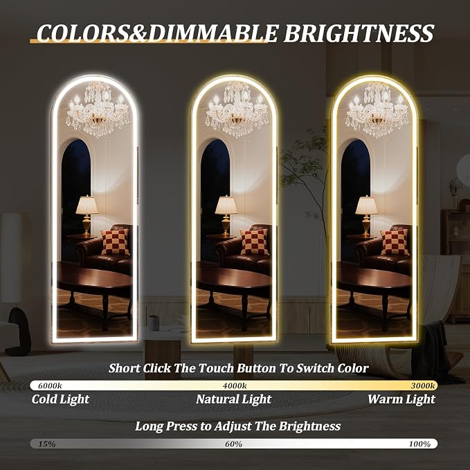 LED Arched Full Length Mirror with 3 Color Lighting 63"x20" | Floor Mirror with Dimming Aluminum Frame Standing Leaning or Hanging for Bedroom Cloakroom White