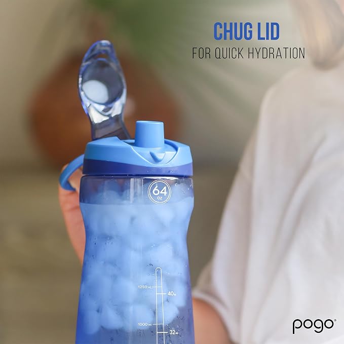 Pogo 64oz Plastic Water Bottle with Chug Lid and Carry Loop, Fuchsia | Leakproof water bottle with chug lid and capacity markings. BPA-free, great for travel, school, outdoors, and gym.