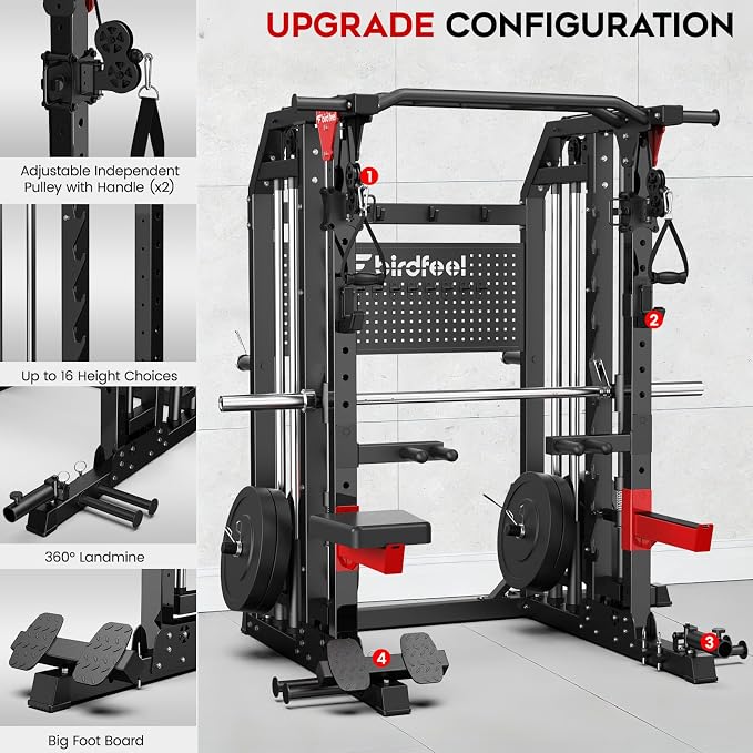 Multi-Function 2000LB Power Cage Smith Machine, Dual Pulley Cable Crossover | Home Gym Squat Rack Featuring LAT Pulldown, Power Rack with Olympic Bar & Strength Training Attachments, Pegboard