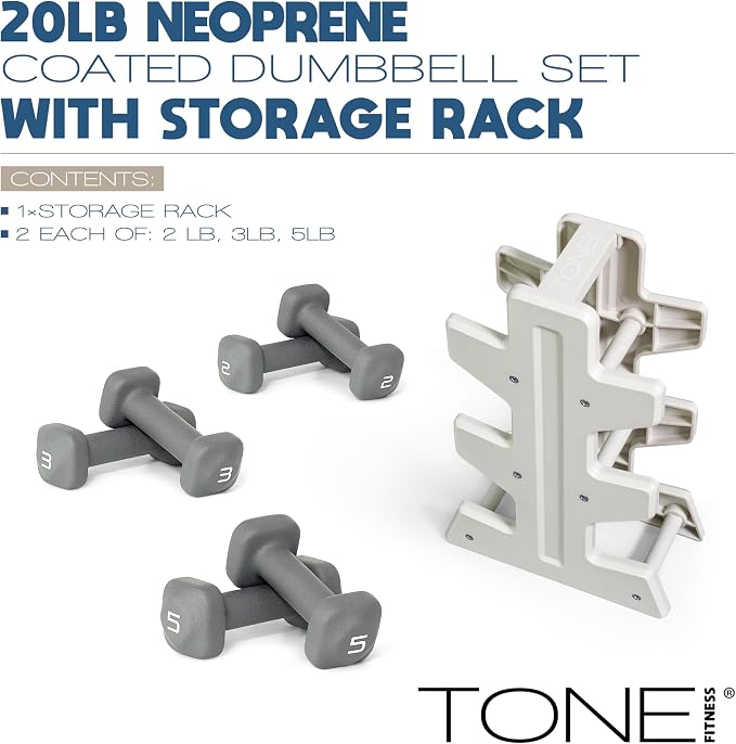 Tone Fitness Neoprene Dumbbell Set with Storage Rack – Non-Slip, Anti-Roll Hand Weights for Home Gym Workouts | 20 lb, 32 lb, 50 lb, 60 lb & 100 lb Options
