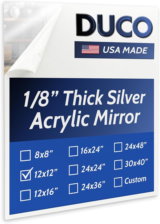 Duco USA-Made Acrylic Mirror Sheet 1/8 Inch Thick 12" x 12" (with Adhesives) - Pack of 1 Silver Frameless Plastic Mirror for Walls, Home Gyms, Bathrooms, & More - Shatter-Proof Mirrored Plexiglass